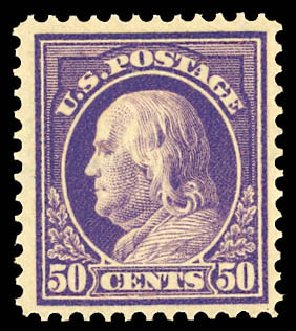 Cost of US Stamps Scott Catalog 422 - 50c 1914 Franklin Perf 12. Daniel Kelleher Auctions, Dec 2012, Sale 633, Lot 744