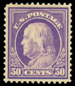 Value of US Stamp Scott Catalog #422 - 50c 1914 Franklin Perf 12. Daniel Kelleher Auctions, Sep 2013, Sale 639, Lot 3534