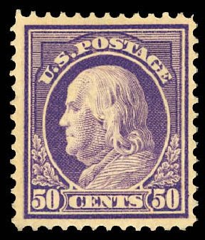 Value of US Stamps Scott Catalog # 422: 1914 50c Franklin Perf 12. Daniel Kelleher Auctions, Dec 2012, Sale 633, Lot 745