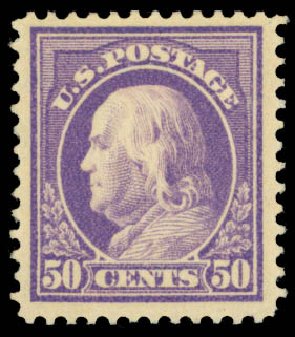 Costs of US Stamp Scott 422: 50c 1914 Franklin Perf 12. Daniel Kelleher Auctions, Dec 2014, Sale 661, Lot 352
