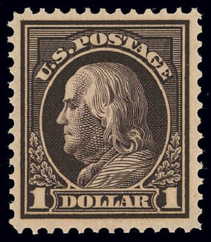 Values of US Stamp Scott # 423 - US$1.00 1915 Franklin Perf 12. Daniel Kelleher Auctions, Feb 2013, Sale 634, Lot 267