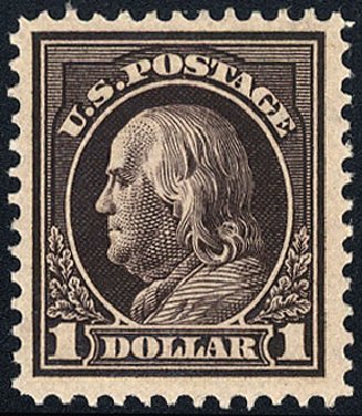 US Stamps Values Scott Catalog 423 - US$1.00 1915 Franklin Perf 12. Cherrystone Auctions, May 2008, Sale 200805, Lot 258