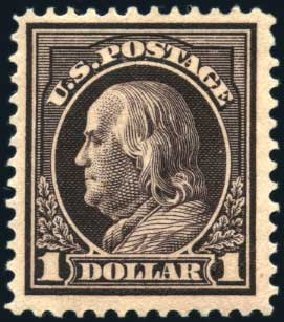 US Stamps Prices Scott Catalogue #423: US$1.00 1915 Franklin Perf 12. Harmer-Schau Auction Galleries, Mar 2011, Sale 89, Lot 328