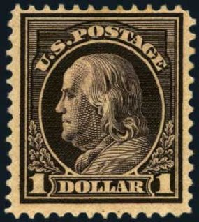 US Stamp Values Scott Catalog #423 - US$1.00 1915 Franklin Perf 12. Harmer-Schau Auction Galleries, May 2012, Sale 93, Lot 358