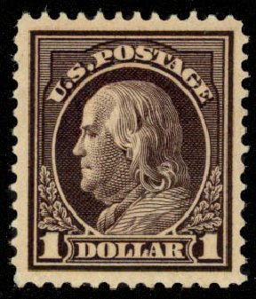 Costs of US Stamp Scott Catalogue # 423: 1915 US$1.00 Franklin Perf 12. Daniel Kelleher Auctions, Apr 2013, Sale 636, Lot 348