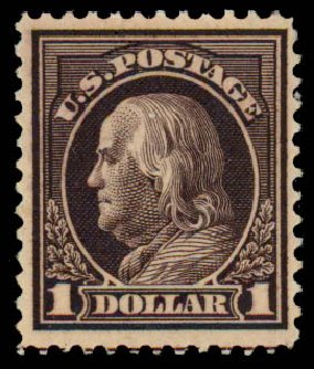 Values of US Stamp Scott #423 - US$1.00 1915 Franklin Perf 12. Daniel Kelleher Auctions, Sep 2013, Sale 639, Lot 3538