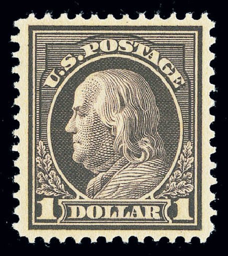 Cost of US Stamp Scott 423: US$1.00 1915 Franklin Perf 12. Matthew Bennett International, Sep 2012, Sale 345, Lot 349