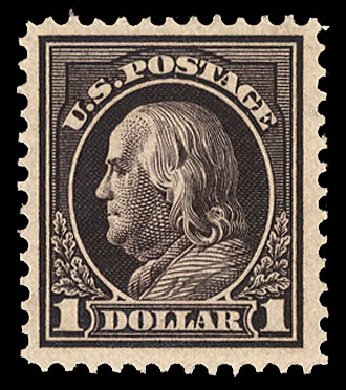 Values of US Stamps Scott #423: US$1.00 1915 Franklin Perf 12. Cherrystone Auctions, Oct 2012, Sale 201210, Lot 139
