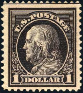 Costs of US Stamps Scott #423: US$1.00 1915 Franklin Perf 12. Harmer-Schau Auction Galleries, Mar 2011, Sale 89, Lot 329