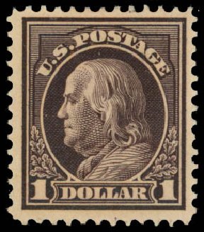 Value of US Stamp Scott Catalogue # 423 - US$1.00 1915 Franklin Perf 12. Daniel Kelleher Auctions, Oct 2014, Sale 660, Lot 2369