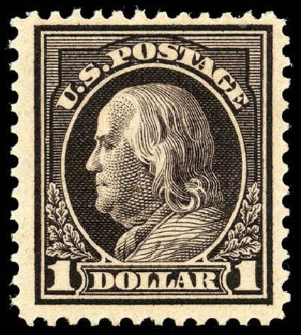 Values of US Stamp Scott # 423 - 1915 US$1.00 Franklin Perf 12. Matthew Bennett International, Apr 2008, Sale 326, Lot 390