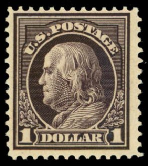 US Stamps Price Scott #423: US$1.00 1915 Franklin Perf 12. Daniel Kelleher Auctions, Oct 2014, Sale 660, Lot 2370
