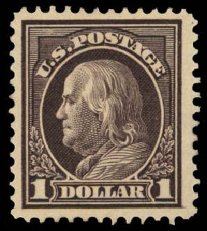 US Stamps Value Scott #423: 1915 US$1.00 Franklin Perf 12. Daniel Kelleher Auctions, Dec 2014, Sale 661, Lot 354