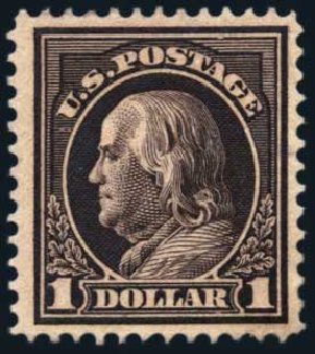 Cost of US Stamps Scott Catalog #423: 1915 US$1.00 Franklin Perf 12. Harmer-Schau Auction Galleries, Jan 2014, Sale 100, Lot 585
