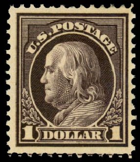 US Stamp Values Scott Catalog 423: US$1.00 1915 Franklin Perf 12. Daniel Kelleher Auctions, Mar 2014, Sale 648, Lot 2165