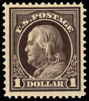 Values of US Stamp Scott Cat. 423 - US$1.00 1915 Franklin Perf 12. Daniel Kelleher Auctions, May 2014, Sale 652, Lot 625