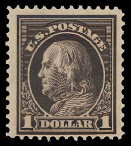 US Stamp Values Scott Catalog 423 - US$1.00 1915 Franklin Perf 12. Daniel Kelleher Auctions, Oct 2011, Sale 626, Lot 372