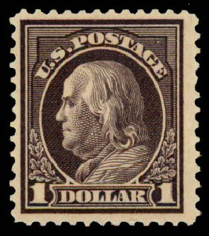 US Stamps Values Scott Catalog 423: 1915 US$1.00 Franklin Perf 12. Daniel Kelleher Auctions, Dec 2013, Sale 640, Lot 372