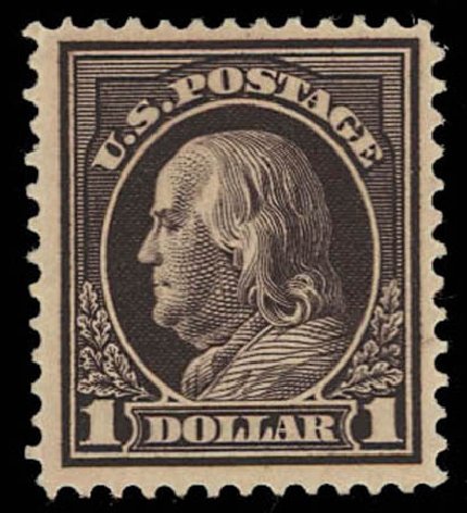 Values of US Stamp Scott # 423 - 1915 US$1.00 Franklin Perf 12. Daniel Kelleher Auctions, Oct 2011, Sale 626, Lot 373
