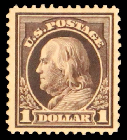 Value of US Stamps Scott Catalogue # 423: US$1.00 1915 Franklin Perf 12. Daniel Kelleher Auctions, May 2014, Sale 652, Lot 626