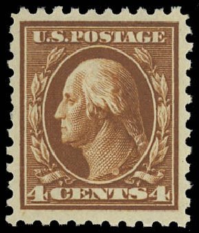 Values of US Stamp Scott Cat. 427: 1914 4c Washington Perf 10. Daniel Kelleher Auctions, Oct 2012, Sale 632, Lot 1345