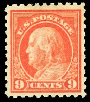 Value of US Stamps Scott Catalog 432 - 1914 9c Franklin Perf 10. Daniel Kelleher Auctions, Dec 2012, Sale 633, Lot 762