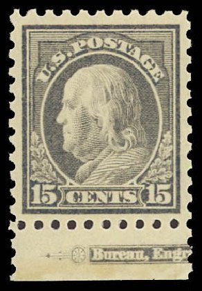 Values of US Stamps Scott # 437: 1914 15c Franklin Perf 10. Daniel Kelleher Auctions, Jun 2012, Sale 630, Lot 1842