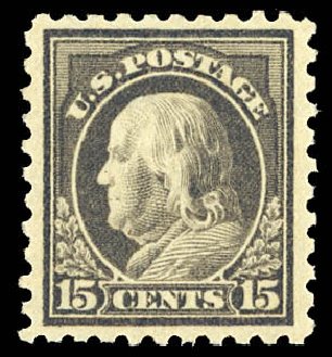 US Stamps Price Scott 437: 15c 1914 Franklin Perf 10. Daniel Kelleher Auctions, Dec 2012, Sale 633, Lot 773