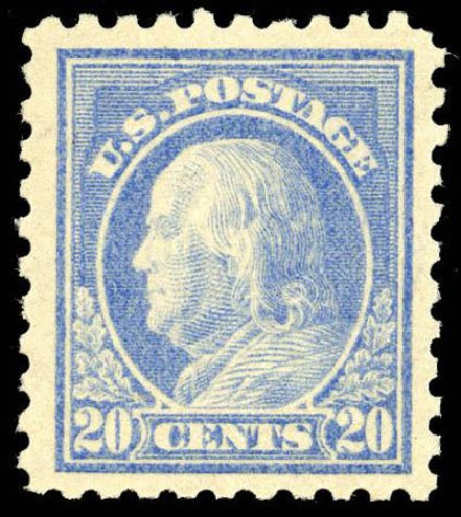 US Stamps Values Scott Catalog 438 - 1914 20c Franklin Perf 10. Matthew Bennett International, Apr 2008, Sale 326, Lot 397