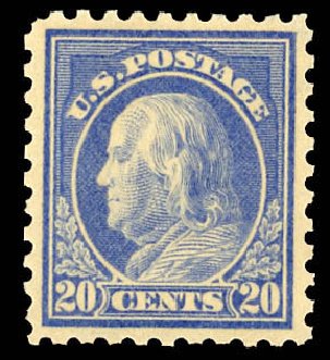 US Stamps Values Scott Catalogue #438 - 1914 20c Franklin Perf 10. Daniel Kelleher Auctions, Dec 2012, Sale 633, Lot 774