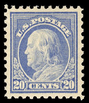Value of US Stamp Scott Catalog 438: 20c 1914 Franklin Perf 10. Cherrystone Auctions, Apr 2009, Sale 200904, Lot 85