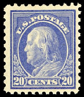 Costs of US Stamps Scott Cat. 438: 20c 1914 Franklin Perf 10. Daniel Kelleher Auctions, Dec 2012, Sale 633, Lot 775