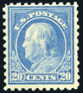 US Stamp Values Scott Catalog 438 - 1914 20c Franklin Perf 10. Harmer-Schau Auction Galleries, Jun 2008, Sale 78, Lot 1562
