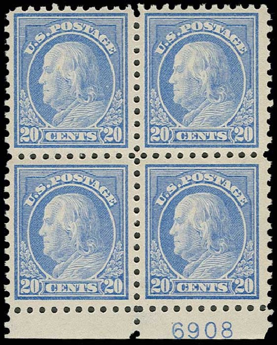 Values of US Stamp Scott Cat. #438: 1914 20c Franklin Perf 10. H.R. Harmer, Jun 2013, Sale 3003, Lot 1306