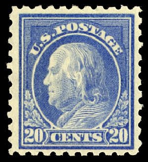 Value of US Stamps Scott Catalog #438 - 1914 20c Franklin Perf 10. Daniel Kelleher Auctions, Dec 2012, Sale 633, Lot 776
