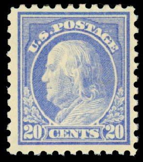 US Stamp Values Scott Catalog 438: 1914 20c Franklin Perf 10. Daniel Kelleher Auctions, Sep 2013, Sale 639, Lot 1156
