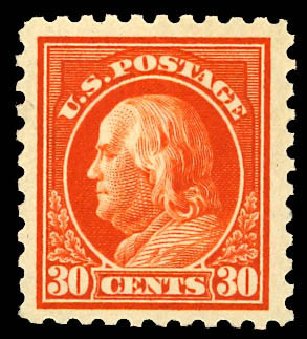 Price of US Stamp Scott #439: 1914 30c Franklin Perf 10. Daniel Kelleher Auctions, Dec 2012, Sale 633, Lot 777