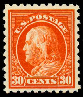 Value of US Stamp Scott Catalog # 439: 1914 30c Franklin Perf 10. Daniel Kelleher Auctions, Sep 2013, Sale 639, Lot 3557
