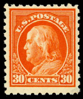 Price of US Stamps Scott Catalog #439: 30c 1914 Franklin Perf 10. Daniel Kelleher Auctions, Sep 2013, Sale 639, Lot 3558