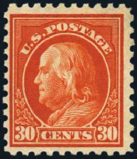 US Stamp Values Scott Catalog #439 - 1914 30c Franklin Perf 10. Harmer-Schau Auction Galleries, Aug 2014, Sale 102, Lot 2019