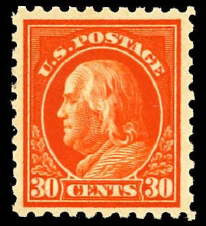 Values of US Stamp Scott Cat. #439 - 30c 1914 Franklin Perf 10. Daniel Kelleher Auctions, Dec 2012, Sale 633, Lot 779