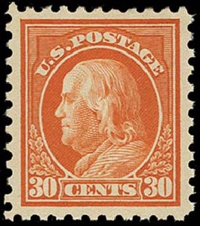 Costs of US Stamps Scott Cat. #439: 1914 30c Franklin Perf 10. H.R. Harmer, Oct 2014, Sale 3006, Lot 1360