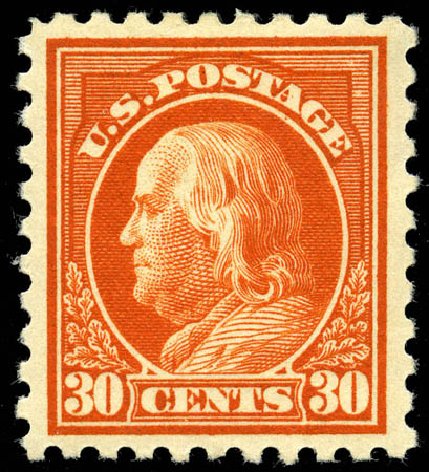 Prices of US Stamp Scott 439 - 30c 1914 Franklin Perf 10. Matthew Bennett International, Jun 2008, Sale 328, Lot 961