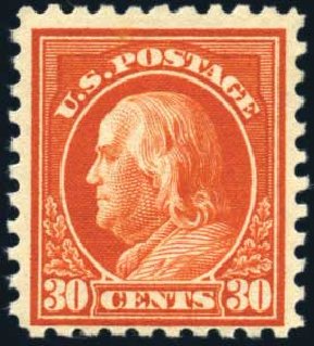 US Stamp Values Scott #439 - 1914 30c Franklin Perf 10. Harmer-Schau Auction Galleries, Mar 2011, Sale 89, Lot 331