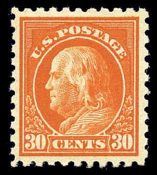 US Stamps Values Scott Cat. # 439: 30c 1914 Franklin Perf 10. Matthew Bennett International, Sep 2010, Sale 333, Lot 3754