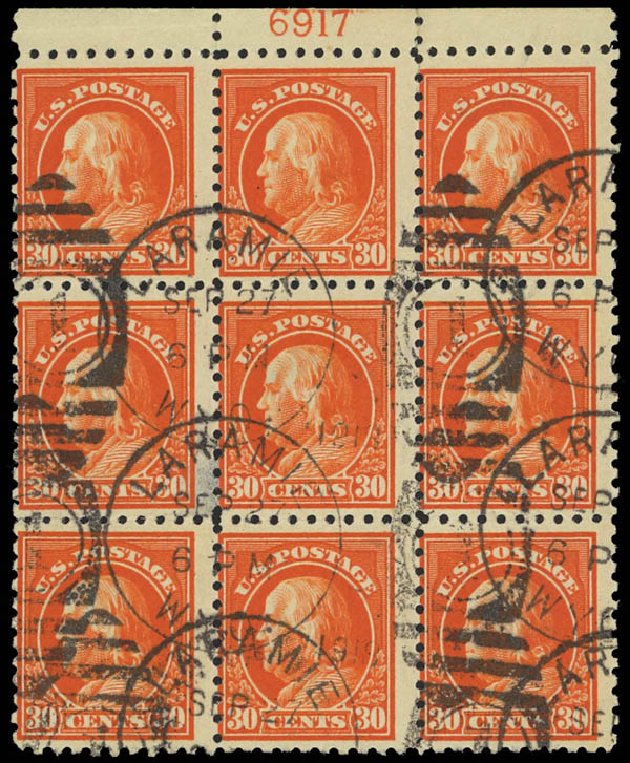Values of US Stamps Scott Catalog 439: 30c 1914 Franklin Perf 10. Daniel Kelleher Auctions, Jan 2012, Sale 628, Lot 504