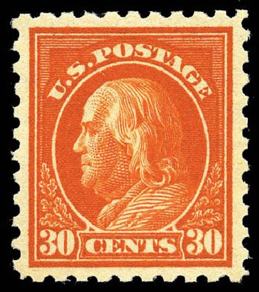 US Stamp Value Scott # 439 - 30c 1914 Franklin Perf 10. Matthew Bennett International, Mar 2011, Sale 337, Lot 2915