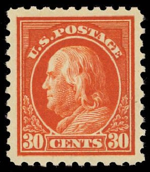 US Stamp Prices Scott Catalogue # 439 - 30c 1914 Franklin Perf 10. Daniel Kelleher Auctions, Oct 2012, Sale 632, Lot 1355