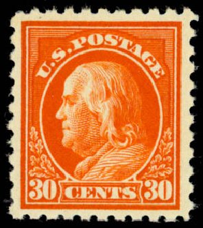 US Stamps Prices Scott Cat. 439 - 1914 30c Franklin Perf 10. Daniel Kelleher Auctions, Oct 2014, Sale 660, Lot 2372