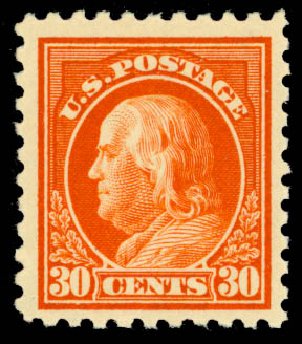 Cost of US Stamp Scott Catalogue 439: 1914 30c Franklin Perf 10. Daniel Kelleher Auctions, Oct 2014, Sale 660, Lot 2373